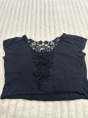 Club Monaco Black Short Sleeve Top with Lace Back Panel